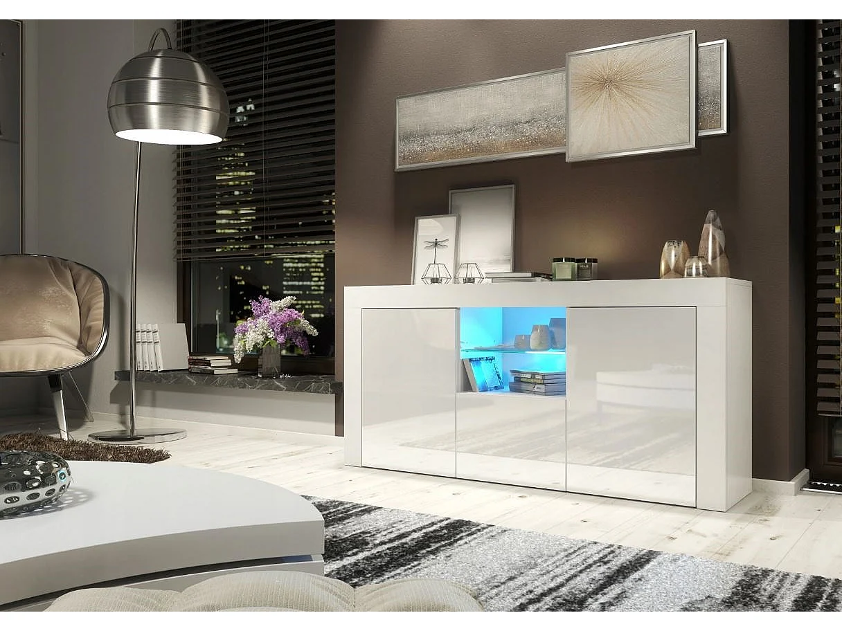 Meuble TV haut BIG JIVE 145 cm blanc laqué avec LEDS