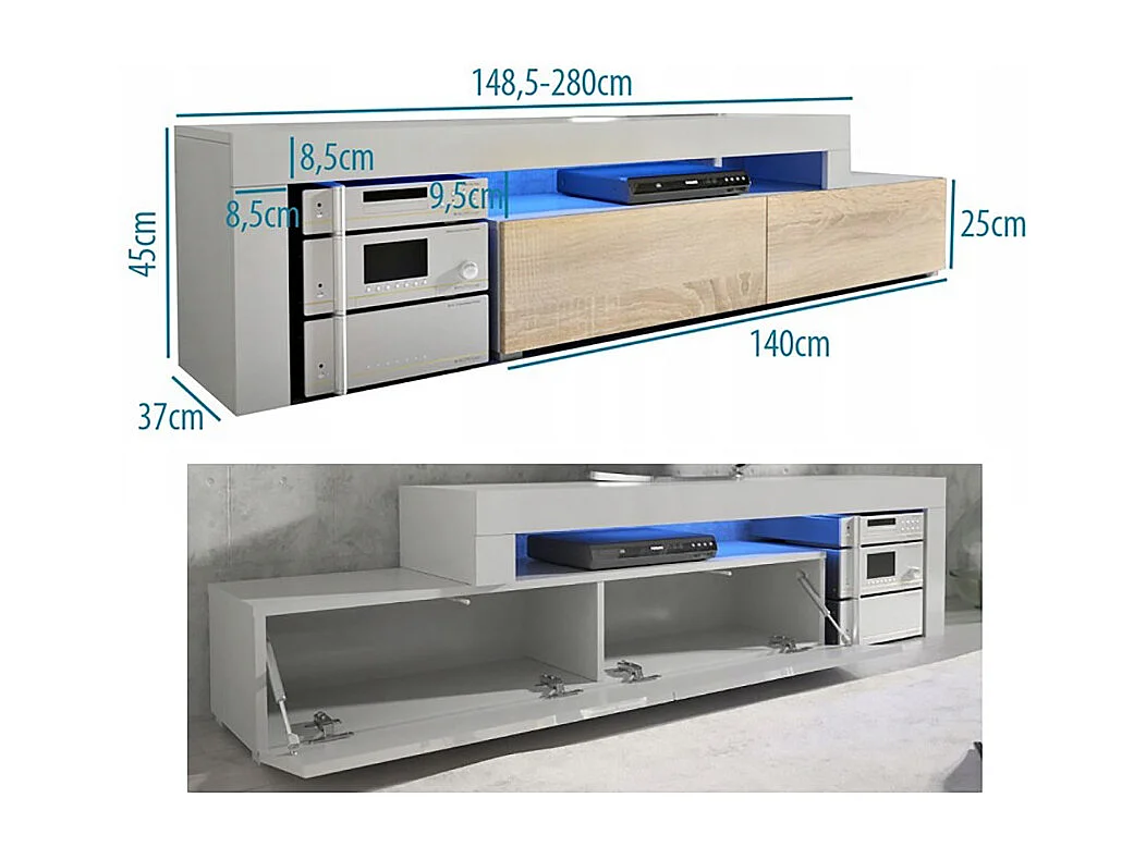 Meuble TV Flex Noir M et Noir laqué - LED Inclus - EXTENSIBLE - ANGLE