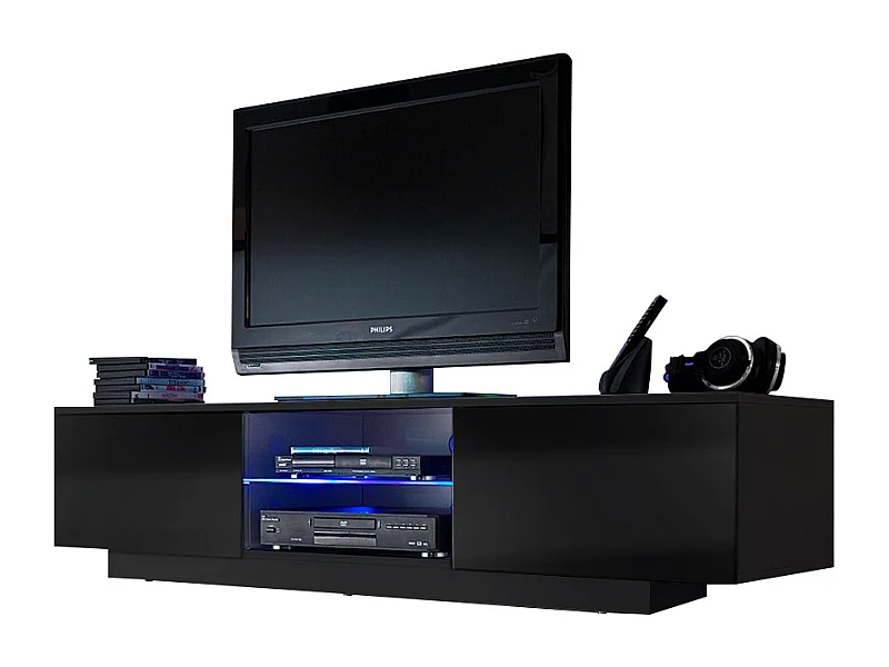 Meuble LED suspendu ou posé TV Giorgio Noir mat et Noir Laqué 160 cm