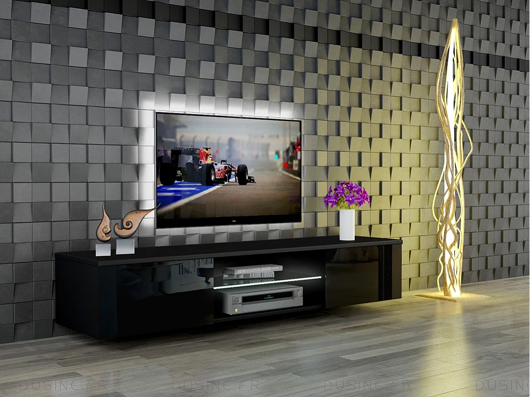 Meuble LED suspendu ou posé TV Giorgio Noir mat et Noir Laqué 160 cm