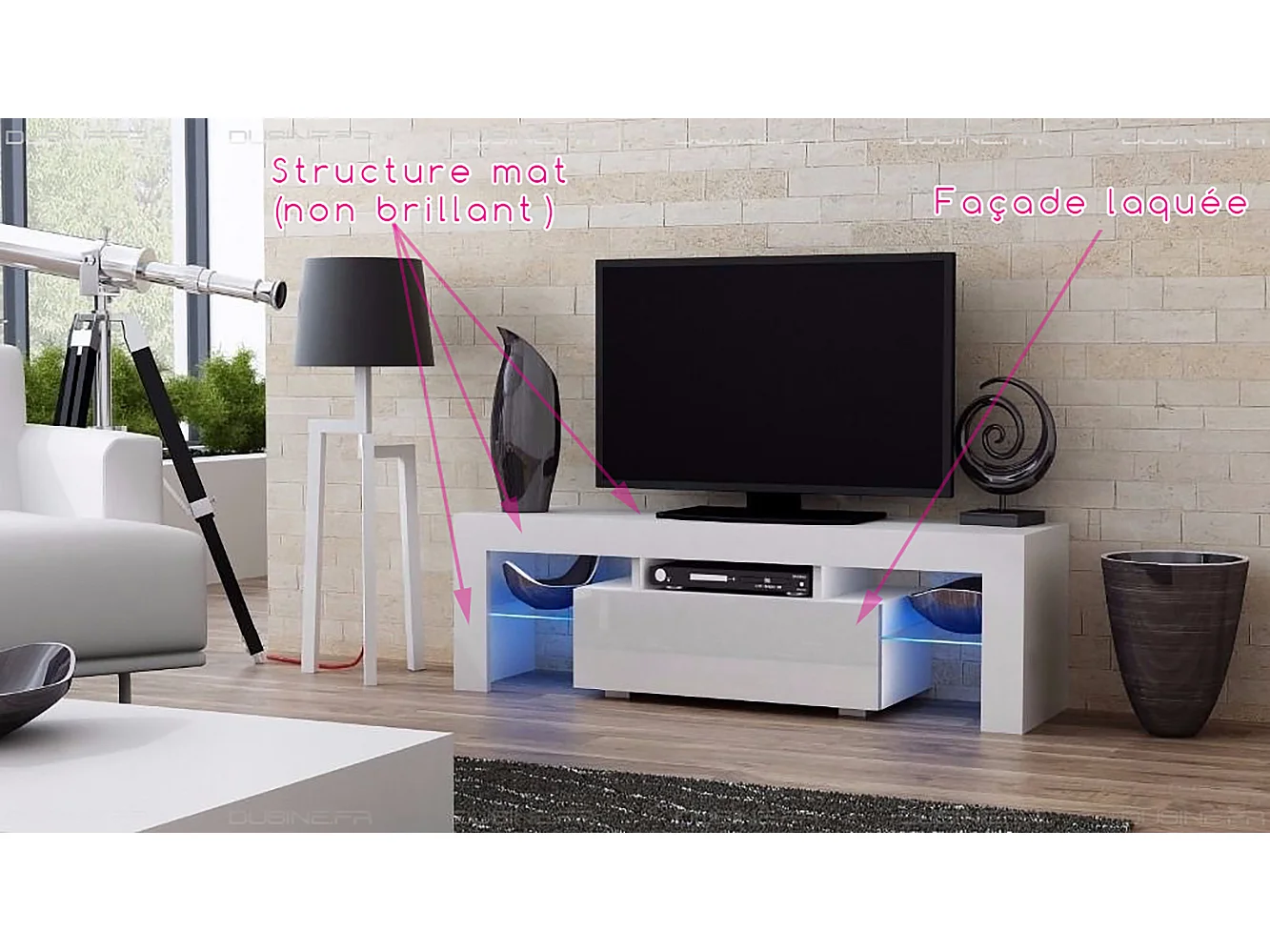 Meuble TV SPIDER A LED en Blanc MAT avec porte Blanc Laqué 130 cm