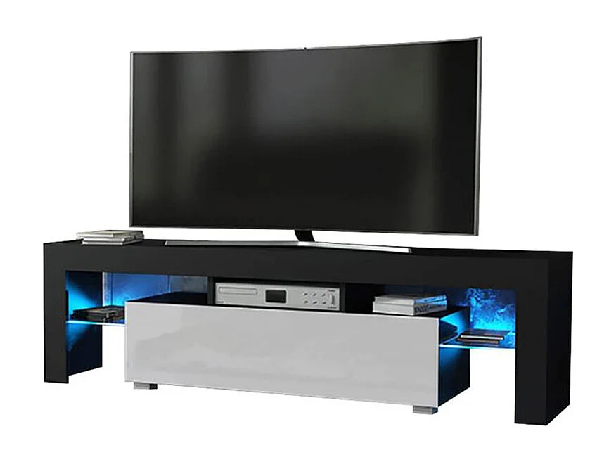 Meuble TV SPIDER A LED en Noir MAT avec porte Blanc Laqué 160 cm