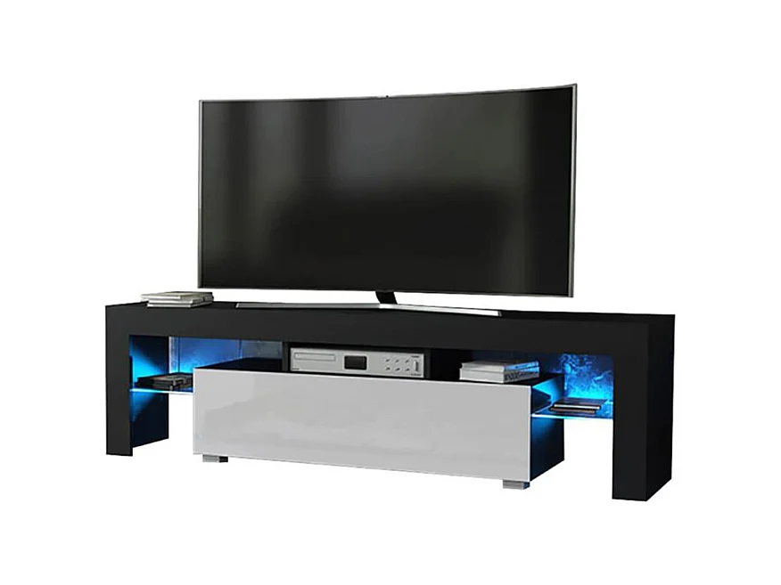 Meuble TV SPIDER A LED en Noir MAT avec porte Blanc Laqué 160 cm