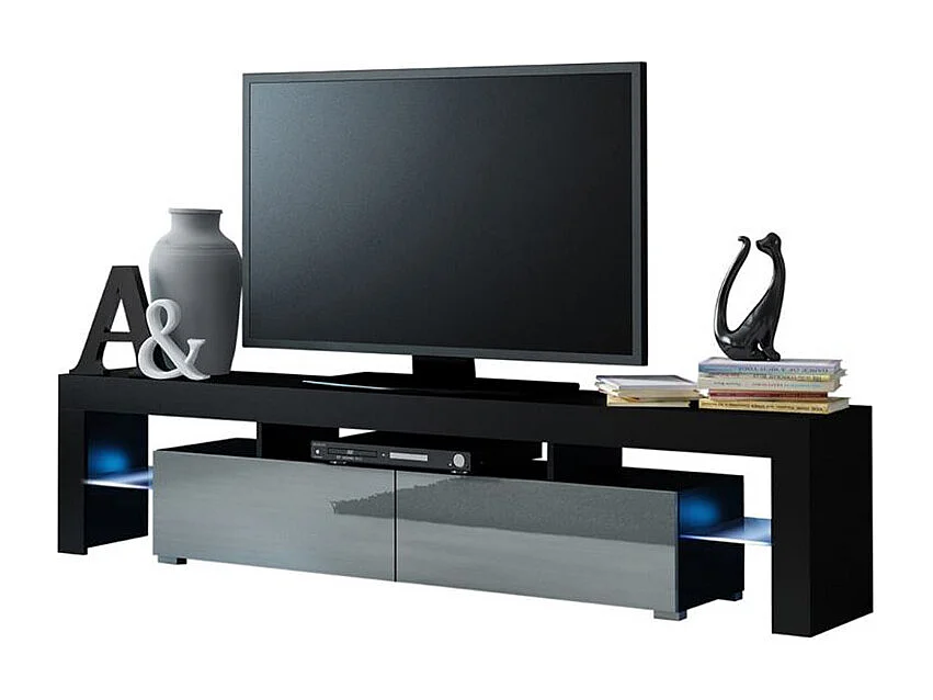 Meuble TV SPIDER BIG A LED en Noir MAT avec portes Gris Laqué 200 cm