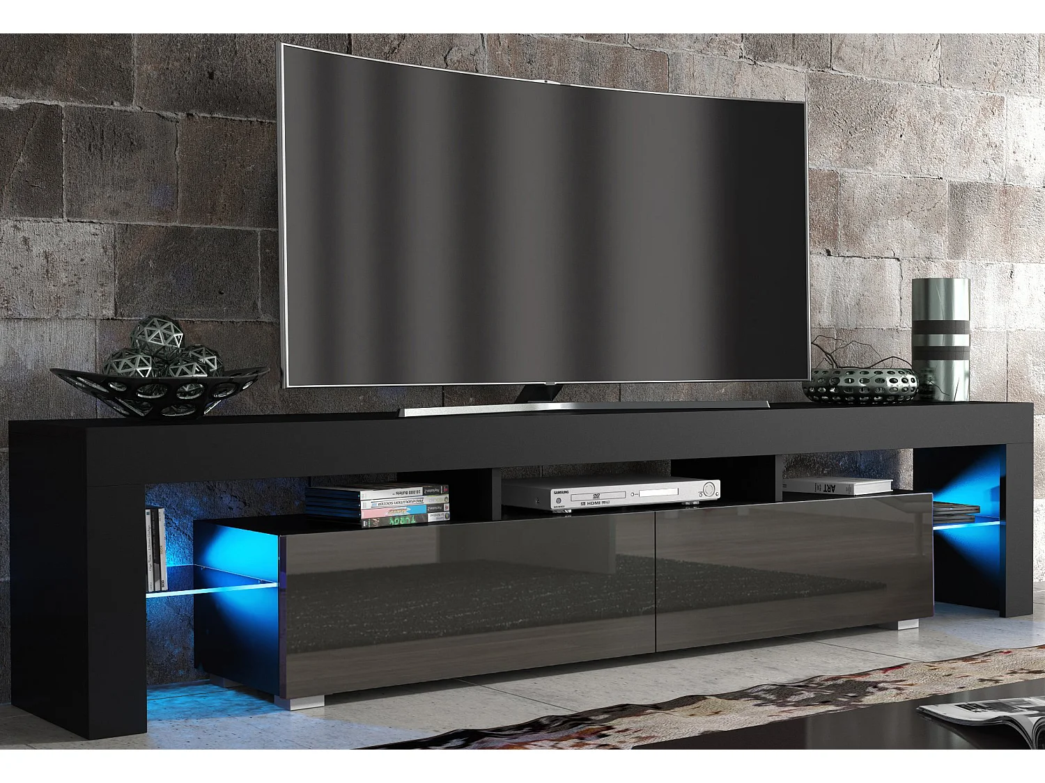 Meuble TV SPIDER BIG A LED en Noir MAT avec portes Gris Laqué 200 cm