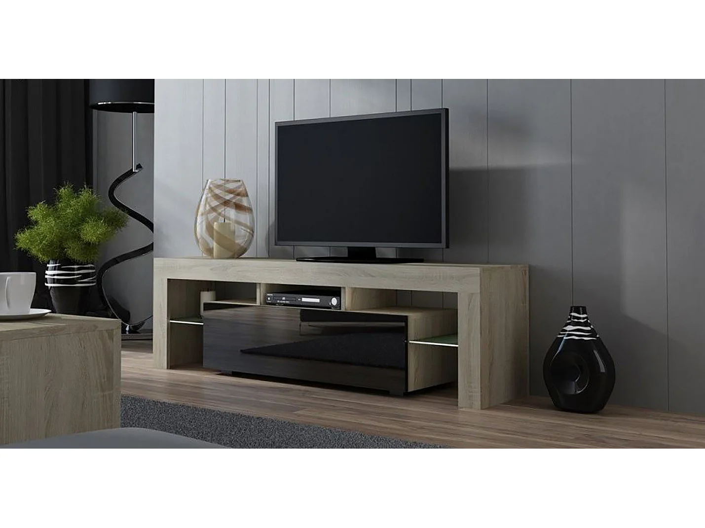 Meuble TV SPIDER A LED en Chêne MAT avec porte Noir Laqué 160 cm