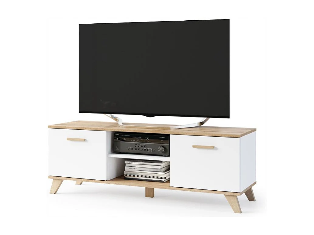 BERGEN Meuble TV scandinave 150 cm sur pieds Bois et Blanc