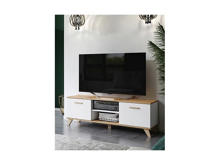 BERGEN Meuble TV scandinave 150 cm sur pieds Bois et Blanc
