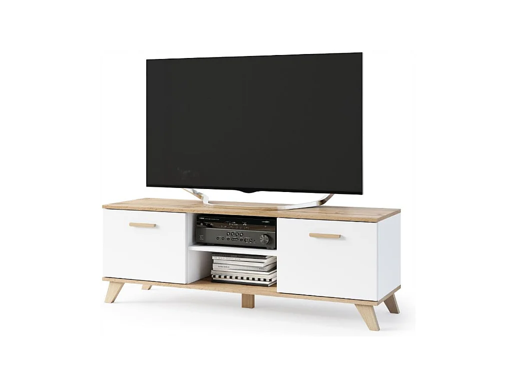 BERGEN Meuble TV scandinave 150 cm sur pieds Bois et Blanc