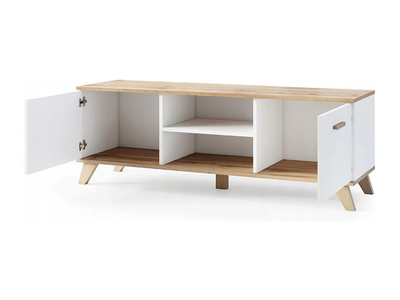 BERGEN Meuble TV scandinave 150 cm sur pieds Bois et Blanc