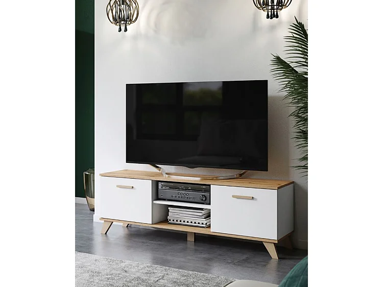 BERGEN Meuble TV scandinave 150 cm sur pieds Bois et Blanc