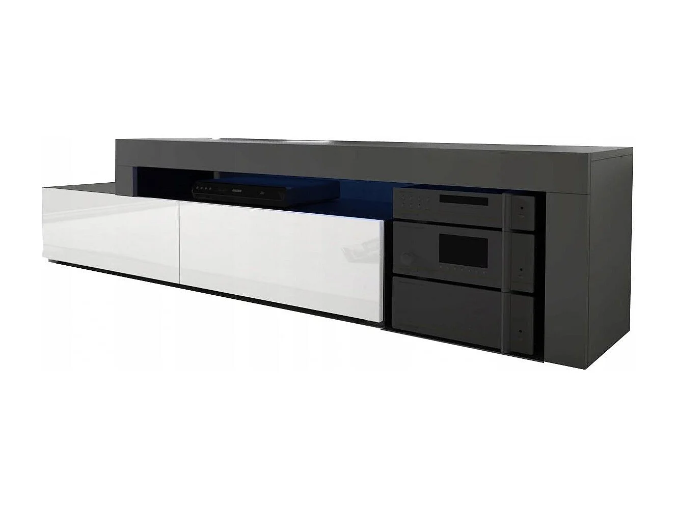 Meuble TV Flex Noir M et Blanc laqué - LED Inclus - EXTENSIBLE - ANGLE