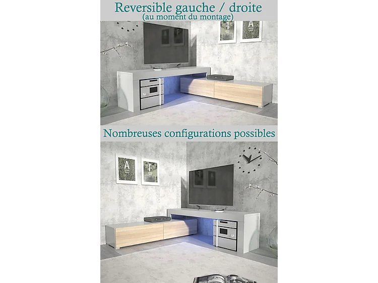 Meuble TV Flex Noir M et Blanc laqué - LED Inclus - EXTENSIBLE - ANGLE