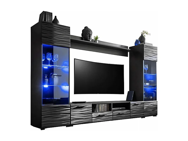 Meuble TV salon Queen 260 cm NOIR Laqué TV Effet 3D avec LED