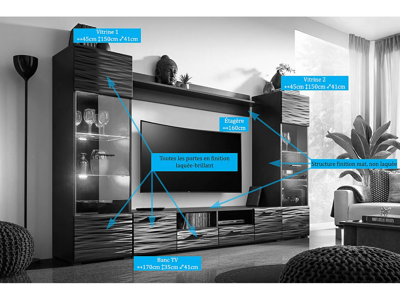 Meuble TV salon Queen 260 cm NOIR Laqué TV Effet 3D avec LED