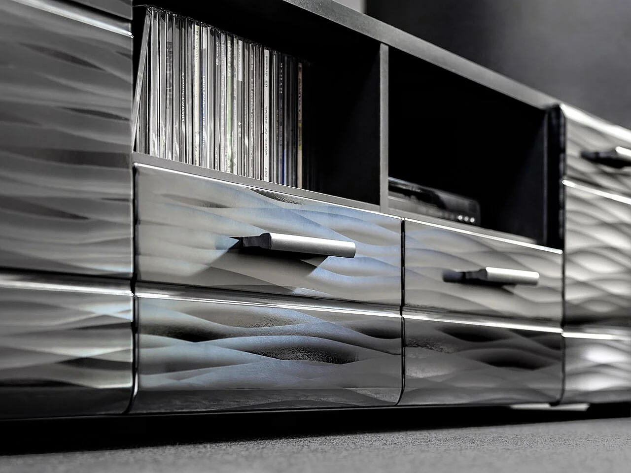 Meuble TV salon Queen 260 cm NOIR Laqué TV Effet 3D avec LED