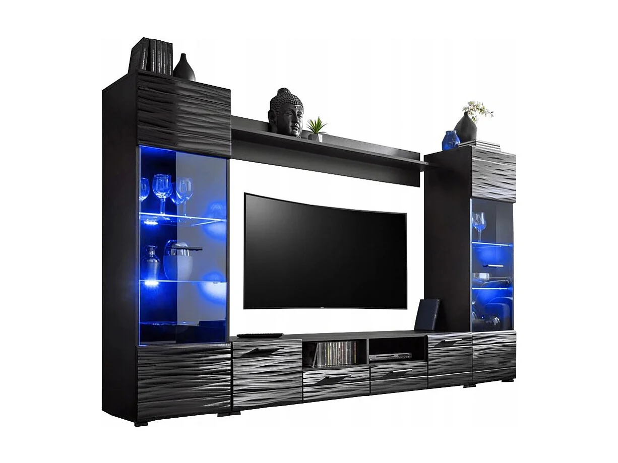 Meuble TV salon Queen 260 cm NOIR Laqué TV Effet 3D avec LED