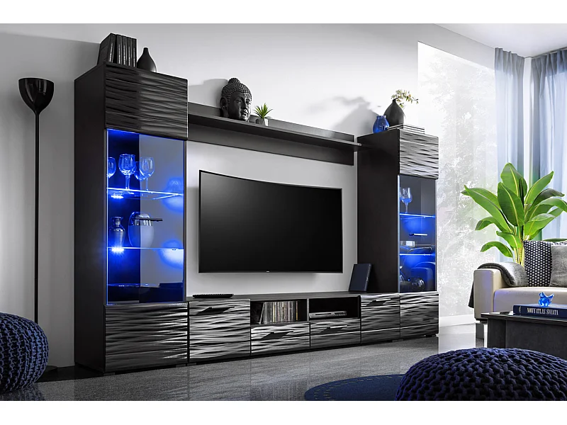 Meuble TV salon Queen 260 cm NOIR Laqué TV Effet 3D avec LED