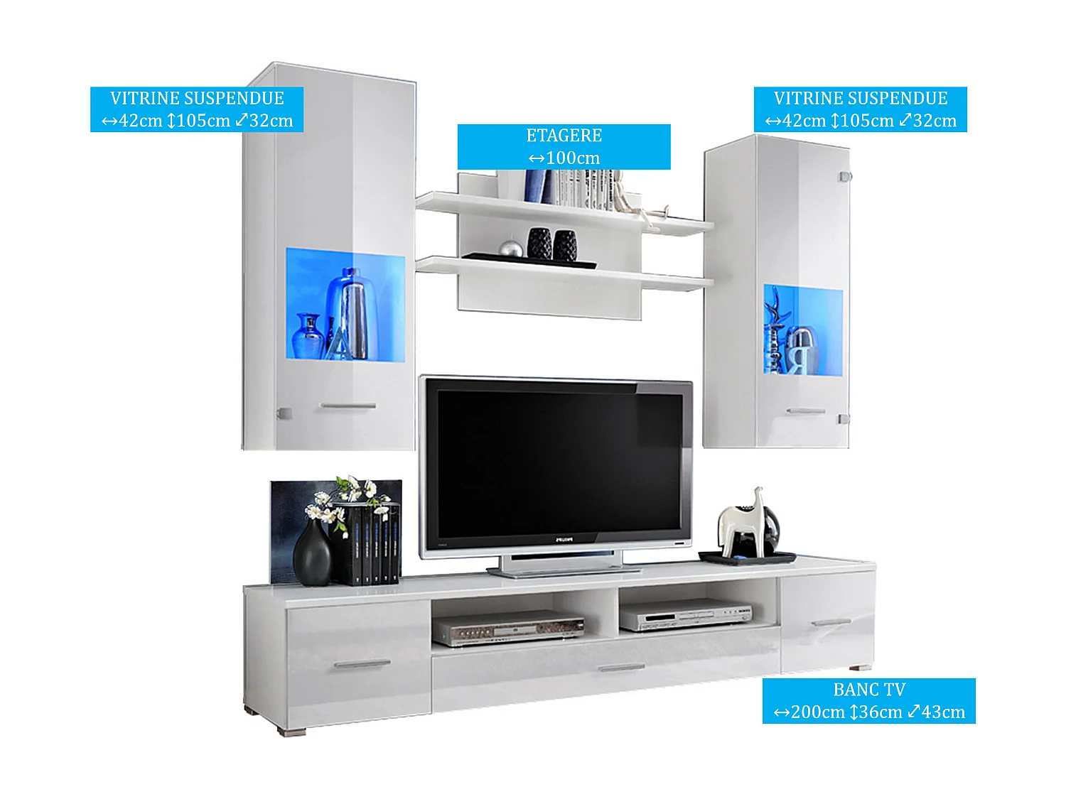 Meuble TV mural Magnetic Blanc brillant et Blanc mat 200cm