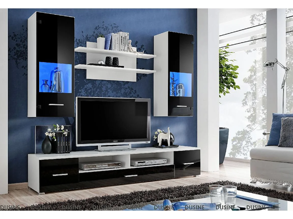 Meuble TV mural Magnetic Noir brillant et Blanc mat 200cm
