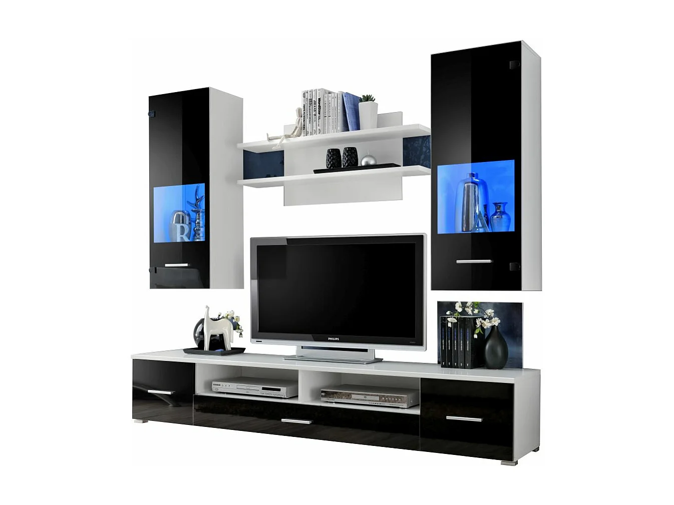 Meuble TV mural Magnetic Noir brillant et Blanc mat 200cm