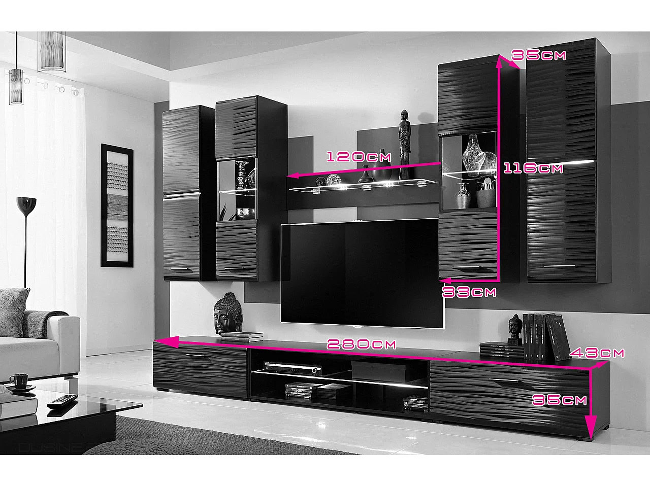 NINJA Ensemble meuble TV EFFET 3D LED 280 cm pour Box, Console et HIFI