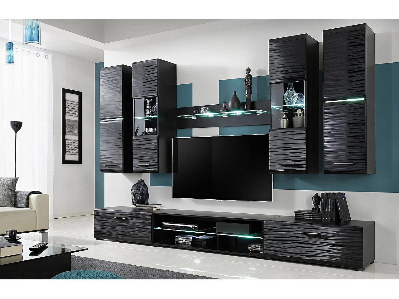 NINJA Ensemble meuble TV EFFET 3D LED 280 cm pour Box, Console et HIFI