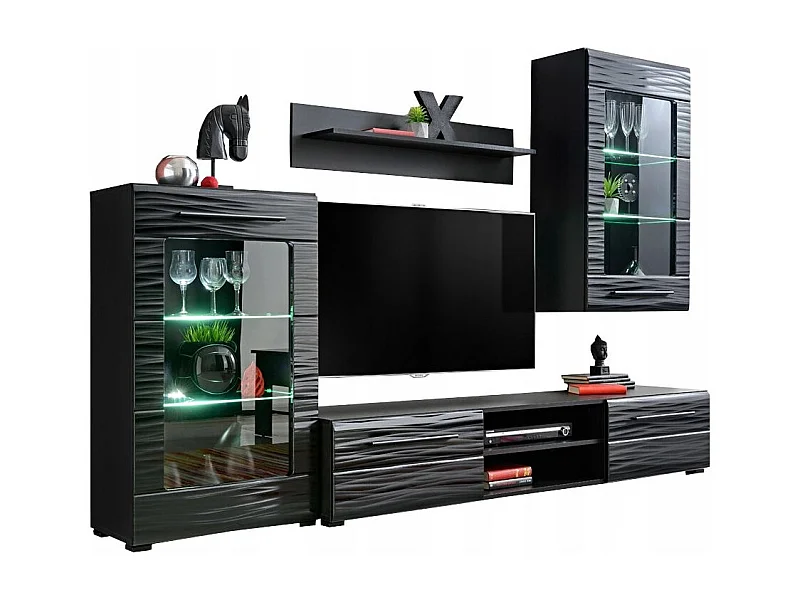 Ensemble TV MADMAX Noir Laqué Effet 3D avec LED pour TV Hifi box et consoles