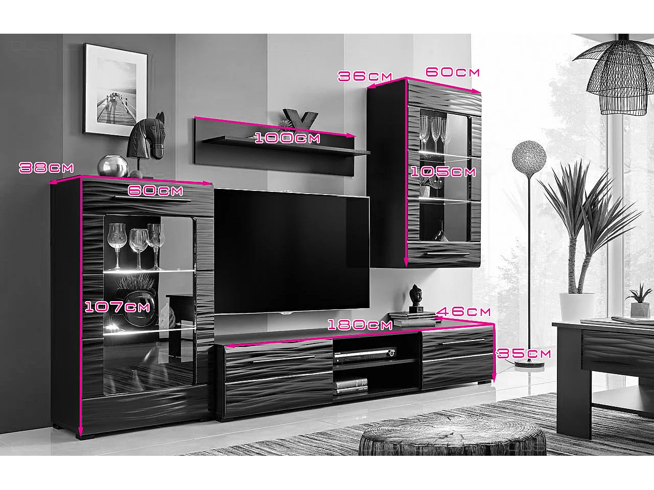 Ensemble TV MADMAX Noir Laqué Effet 3D avec LED pour TV Hifi box et consoles