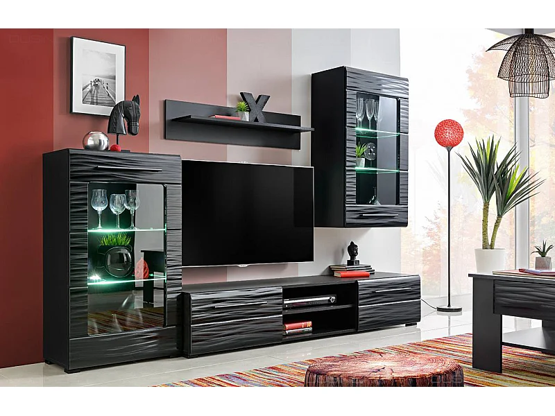 Ensemble TV MADMAX Noir Laqué Effet 3D avec LED pour TV Hifi box et consoles