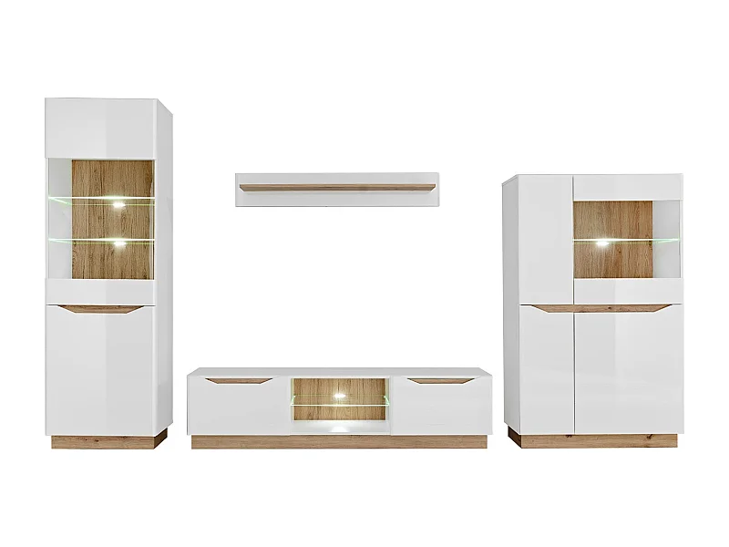 ENSEMBLE MEUBLE SALON TV FAMOUS BLANC / BOIS MAT / BLANC LAQUE LED