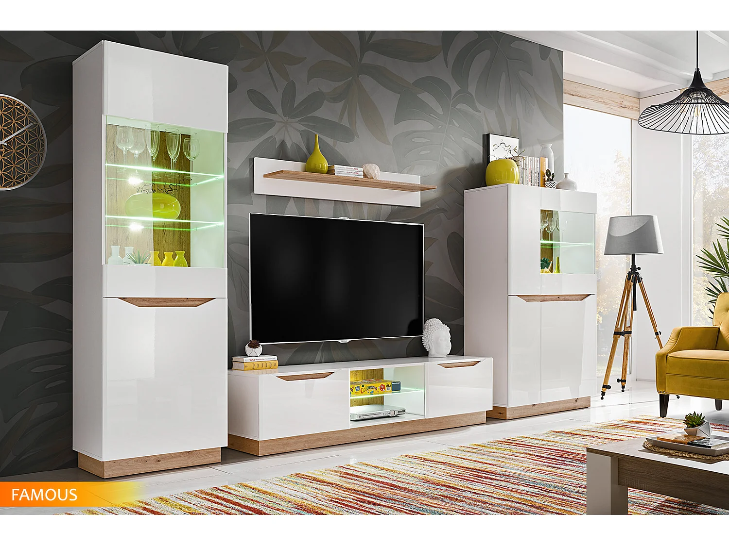 ENSEMBLE MEUBLE SALON TV FAMOUS BLANC / BOIS MAT / BLANC LAQUE LED