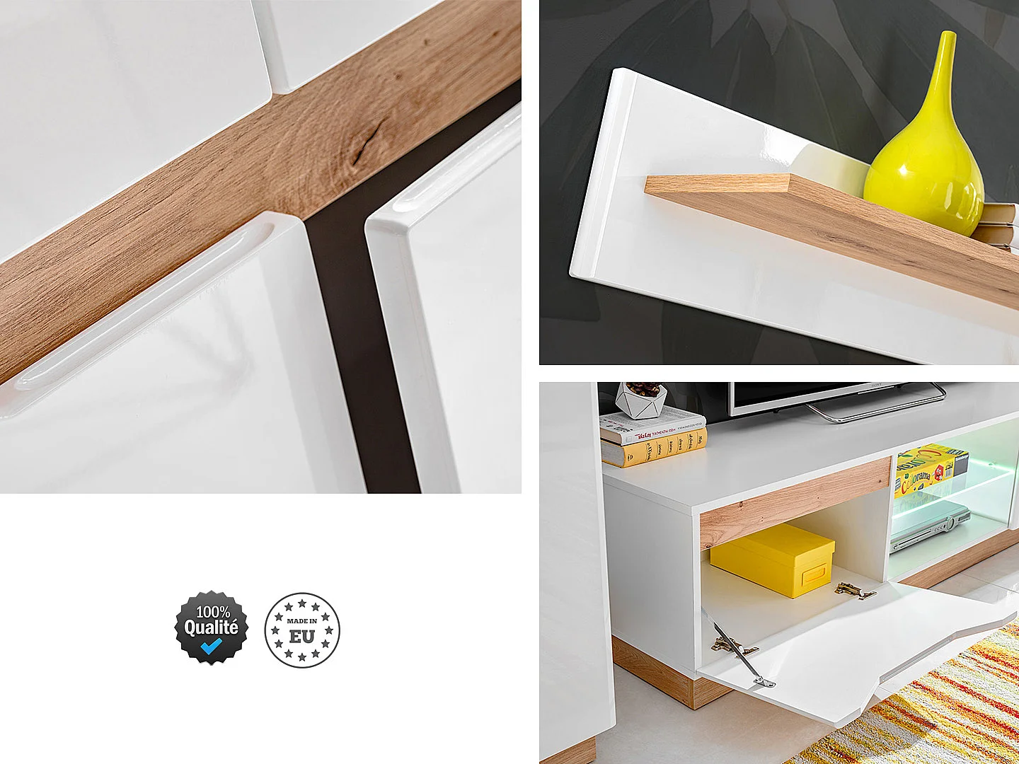 ENSEMBLE MEUBLE SALON TV FAMOUS BLANC / BOIS MAT / BLANC LAQUE LED