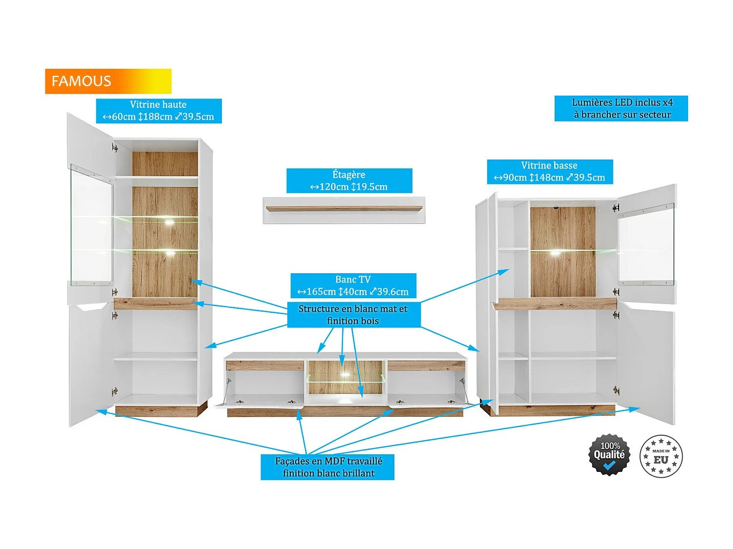ENSEMBLE MEUBLE SALON TV FAMOUS BLANC / BOIS MAT / BLANC LAQUE LED