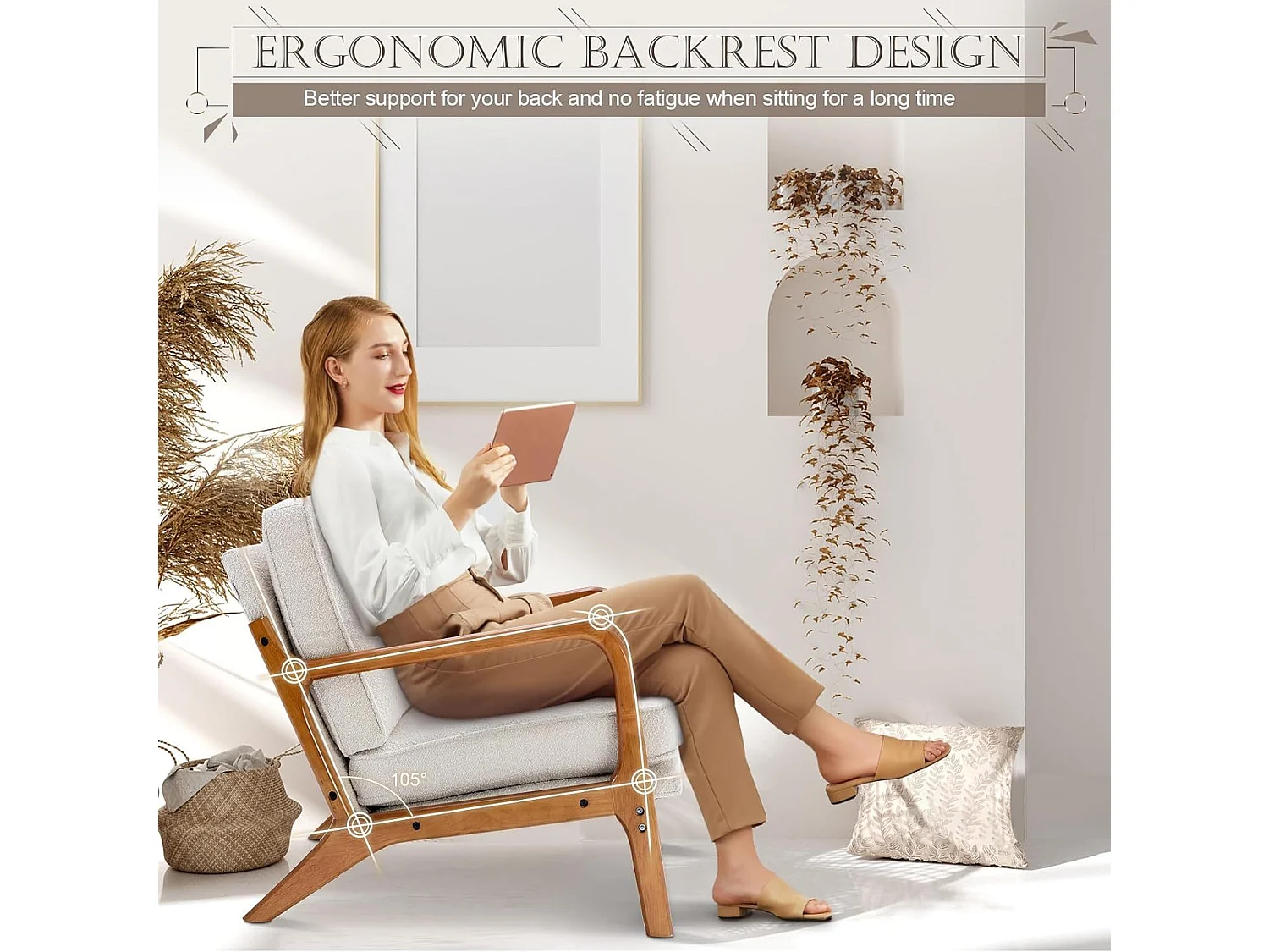 Chenille-Sessel, Holzrahmen, moderner Akzent-Loungesessel für das Wohnzimmer, 65 x 80 x 76 cm, Beige