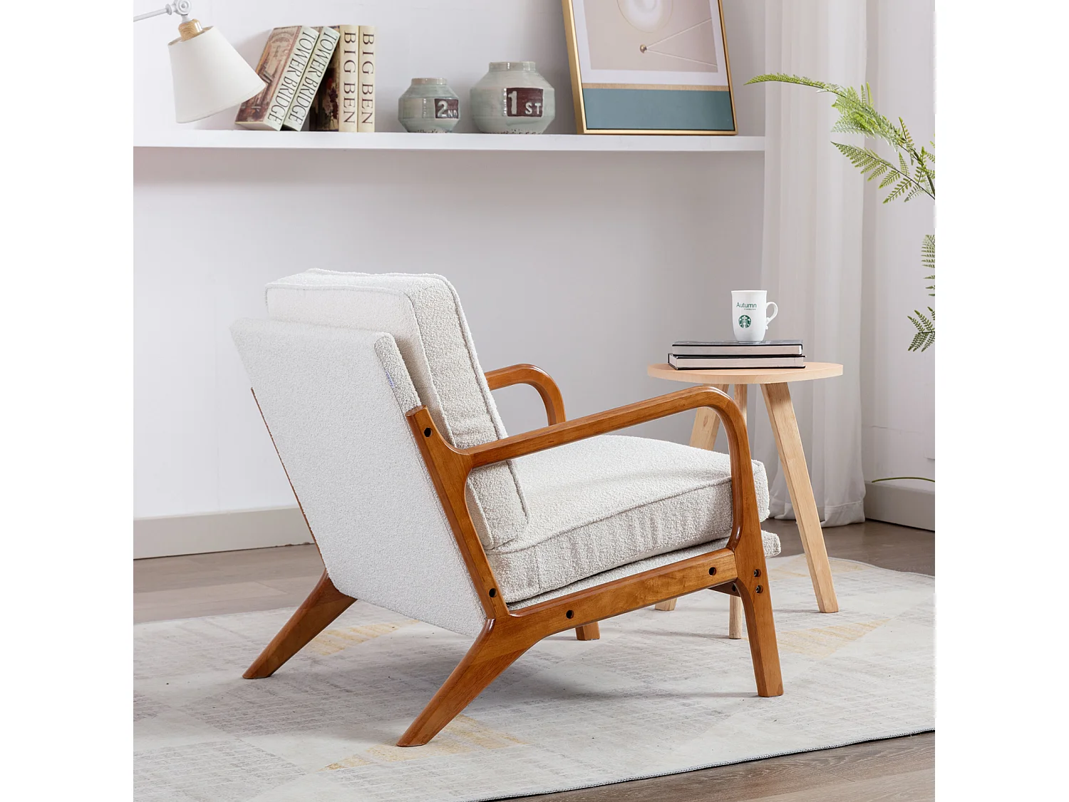 Chenille-Sessel, Holzrahmen, moderner Akzent-Loungesessel für das Wohnzimmer, 65 x 80 x 76 cm, Beige