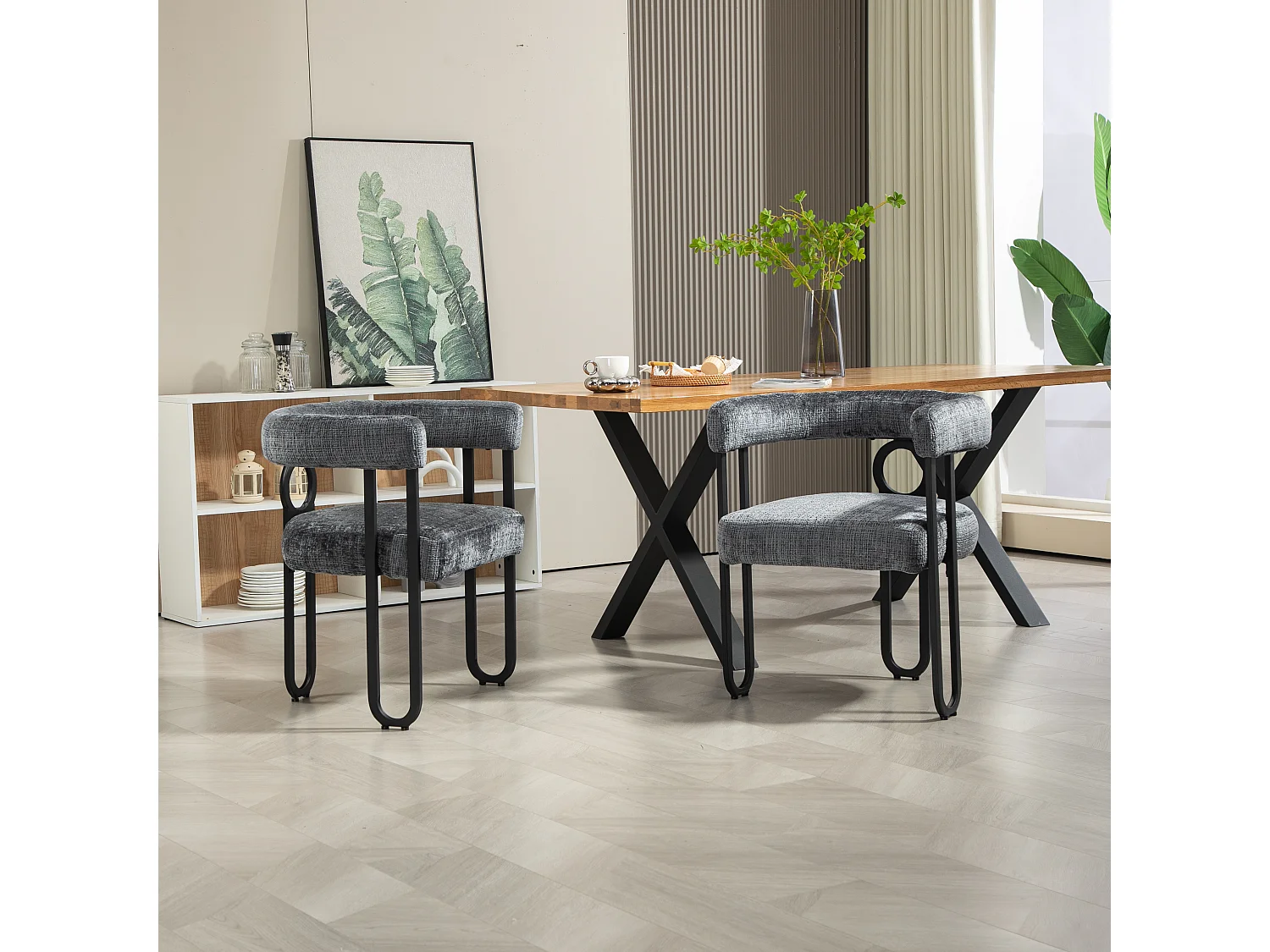 Lot de 2 chaises de salle à manger, avec dossier rond, pour salle à manger, salon, chambre à coucher, bureau, en chenille Gris