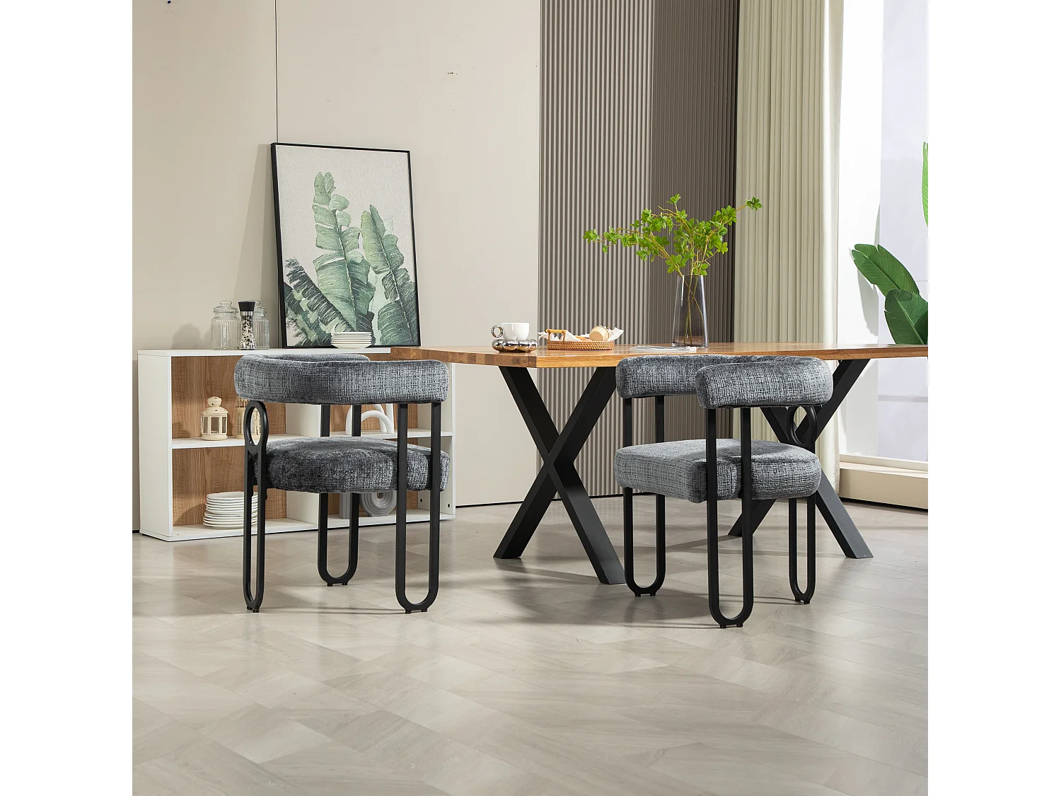 Lot de 2 chaises de salle à manger, avec dossier rond, pour salle à manger, salon, chambre à coucher, bureau, en chenille Gris