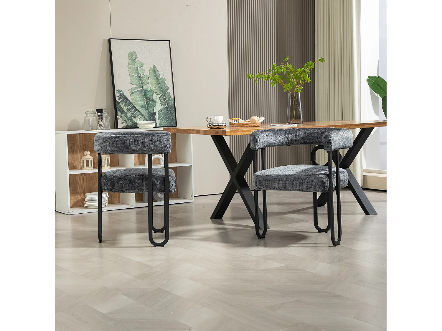Lot de 2 chaises de salle à manger, avec dossier rond, pour salle à manger, salon, chambre à coucher, bureau, en chenille Gris