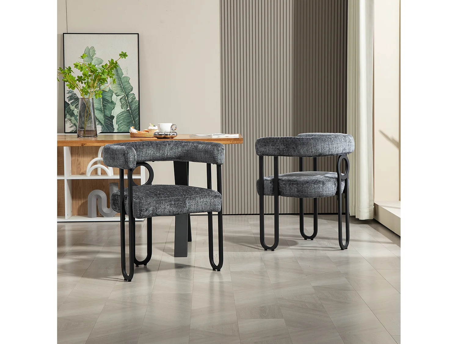 Lot de 2 chaises de salle à manger, avec dossier rond, pour salle à manger, salon, chambre à coucher, bureau, en chenille Gris