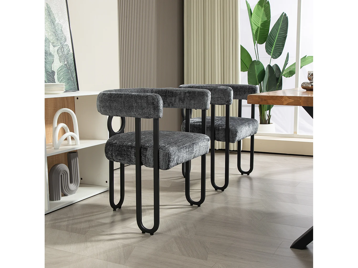 Lot de 2 chaises de salle à manger, avec dossier rond, pour salle à manger, salon, chambre à coucher, bureau, en chenille Gris