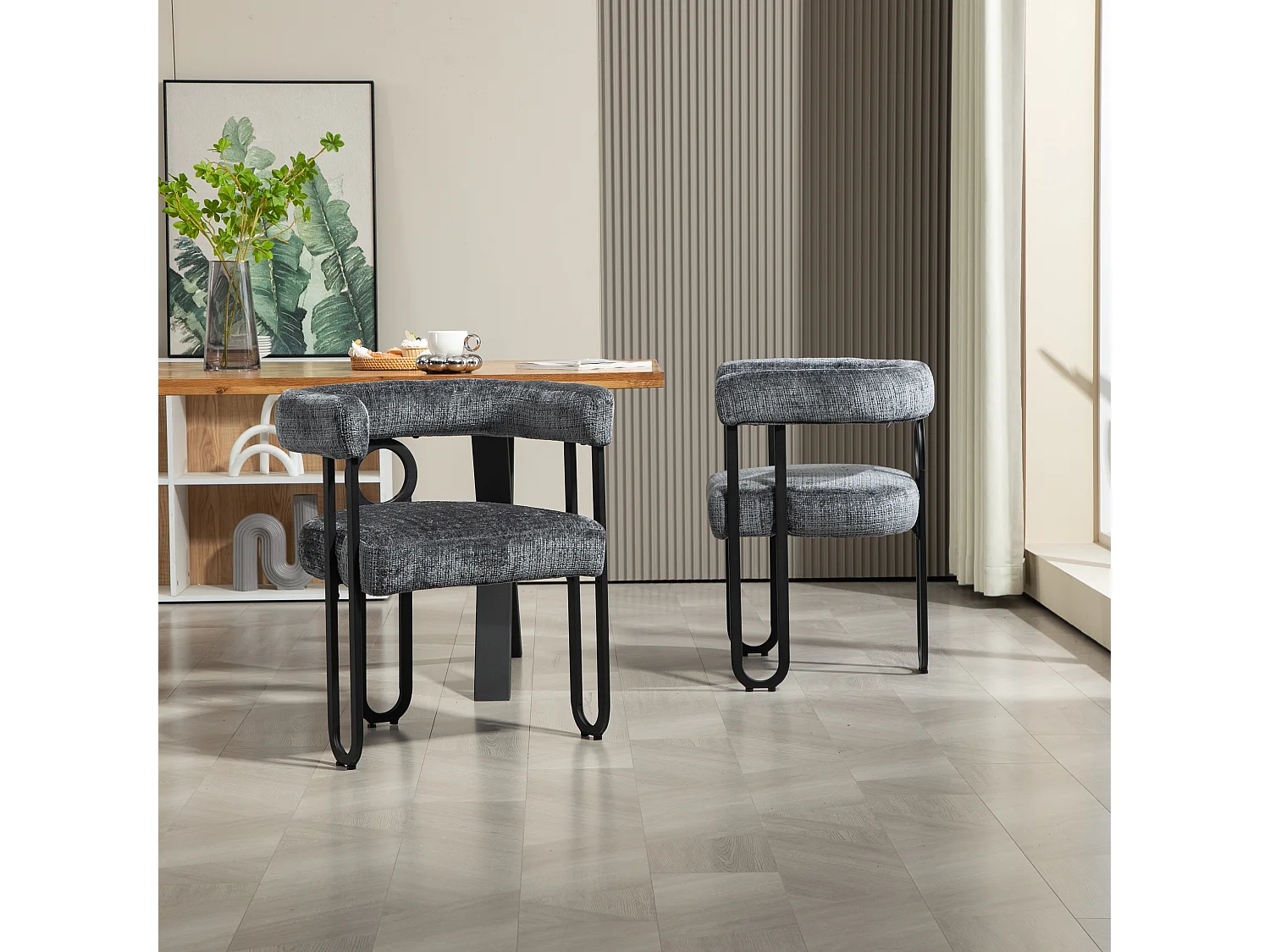 Lot de 2 chaises de salle à manger, avec dossier rond, pour salle à manger, salon, chambre à coucher, bureau, en chenille Gris