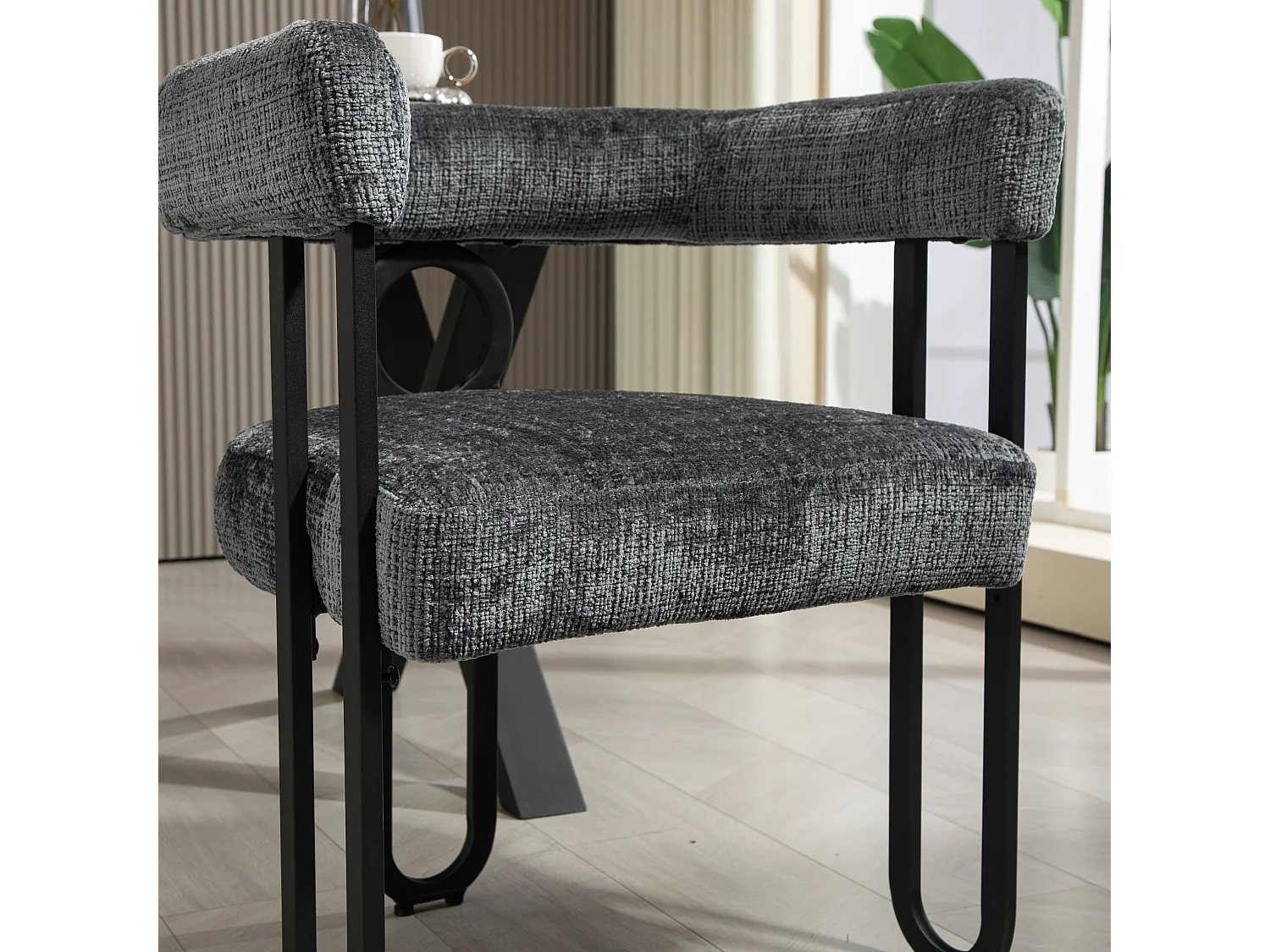 Lot de 2 chaises de salle à manger, avec dossier rond, pour salle à manger, salon, chambre à coucher, bureau, en chenille Gris