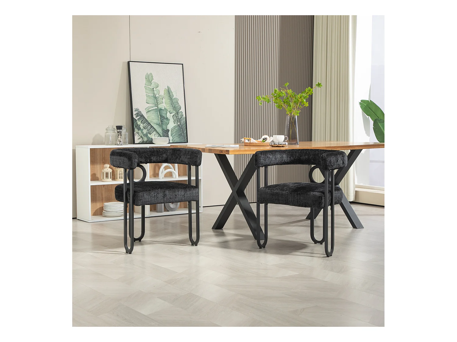 Set van 2 eetkamerstoelen, ronde rugleuning, voor eetkamer, woonkamer, slaapkamer, kantoor, in zwart chenille