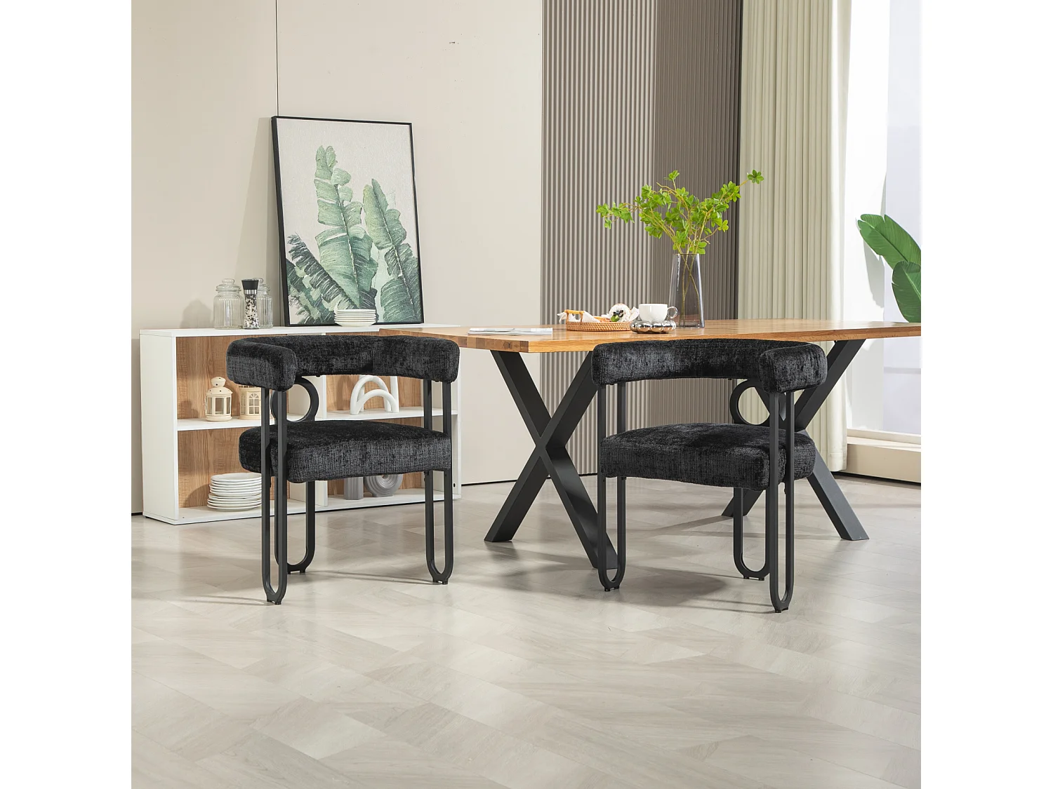 Set van 2 eetkamerstoelen, ronde rugleuning, voor eetkamer, woonkamer, slaapkamer, kantoor, in zwart chenille