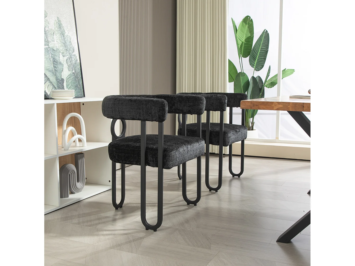 Set van 2 eetkamerstoelen, ronde rugleuning, voor eetkamer, woonkamer, slaapkamer, kantoor, in zwart chenille