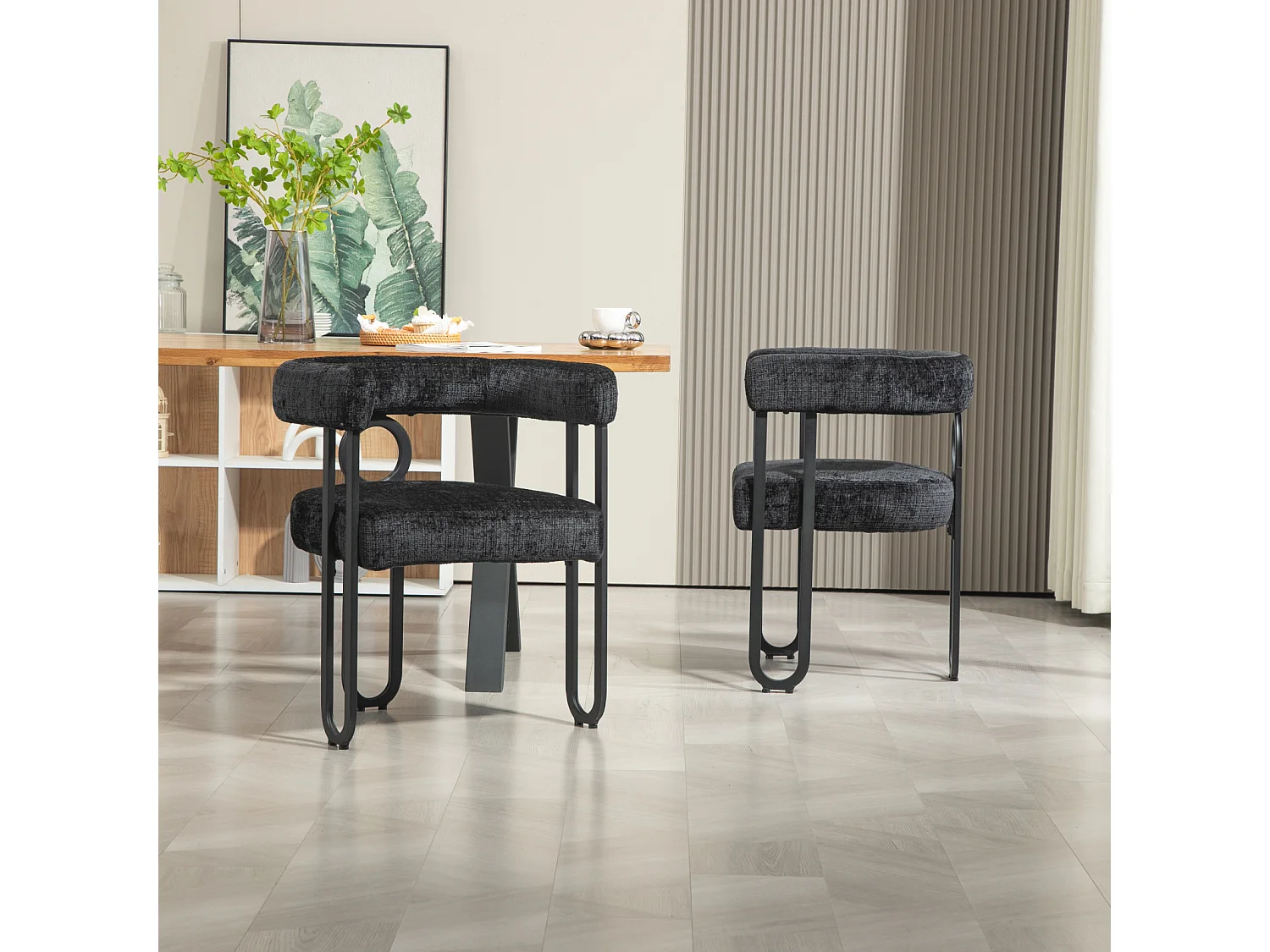 Set van 2 eetkamerstoelen, ronde rugleuning, voor eetkamer, woonkamer, slaapkamer, kantoor, in zwart chenille