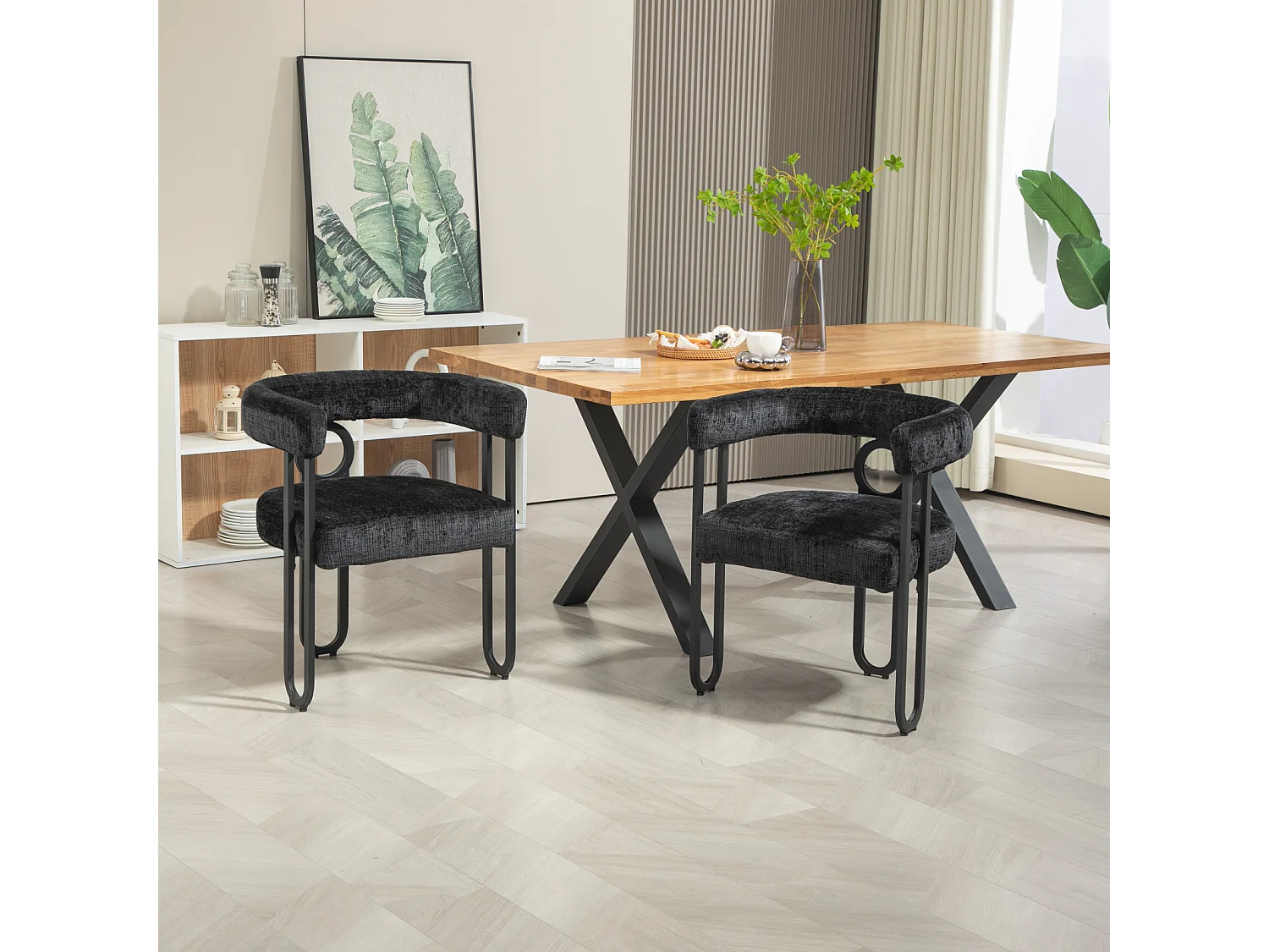 Set van 2 eetkamerstoelen, ronde rugleuning, voor eetkamer, woonkamer, slaapkamer, kantoor, in zwart chenille