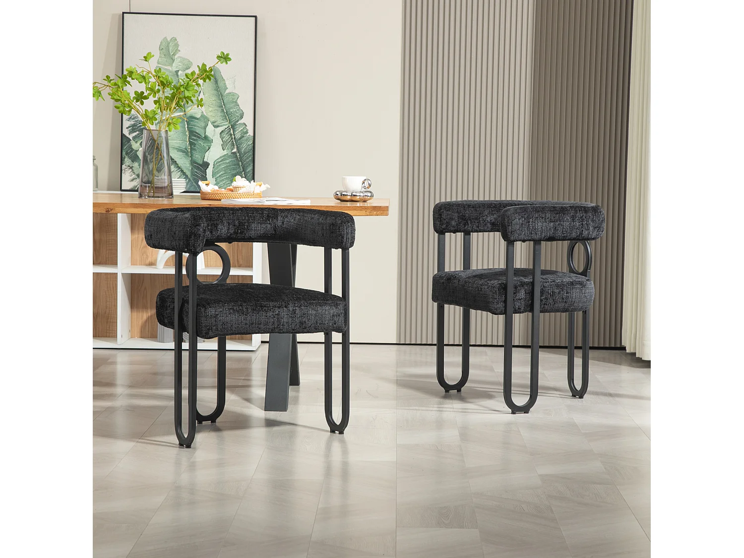 Set van 2 eetkamerstoelen, ronde rugleuning, voor eetkamer, woonkamer, slaapkamer, kantoor, in zwart chenille