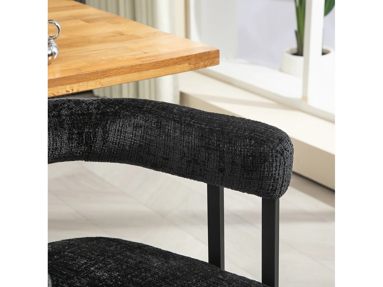 Set van 2 eetkamerstoelen, ronde rugleuning, voor eetkamer, woonkamer, slaapkamer, kantoor, in zwart chenille